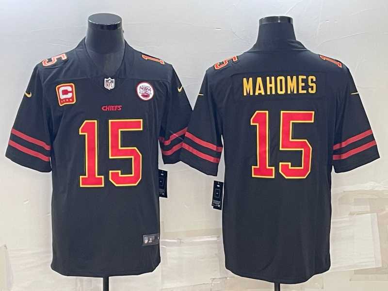 Men's Kansas City Chiefs #15 Patrick Mahomes Black Red Gold 4-star C Patch Vapor Untouchable Limited Stitched Jersey